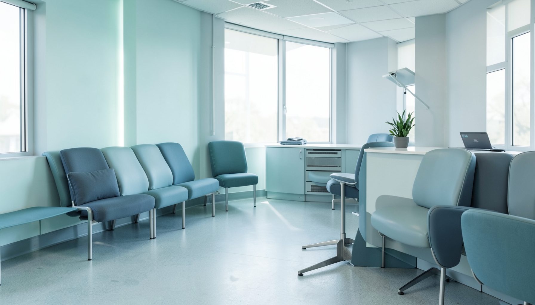 Soft teal and slate blue toned image of a calm clinical waiting area with natural light, evoking a reassuring and orderly medical office atmosphere