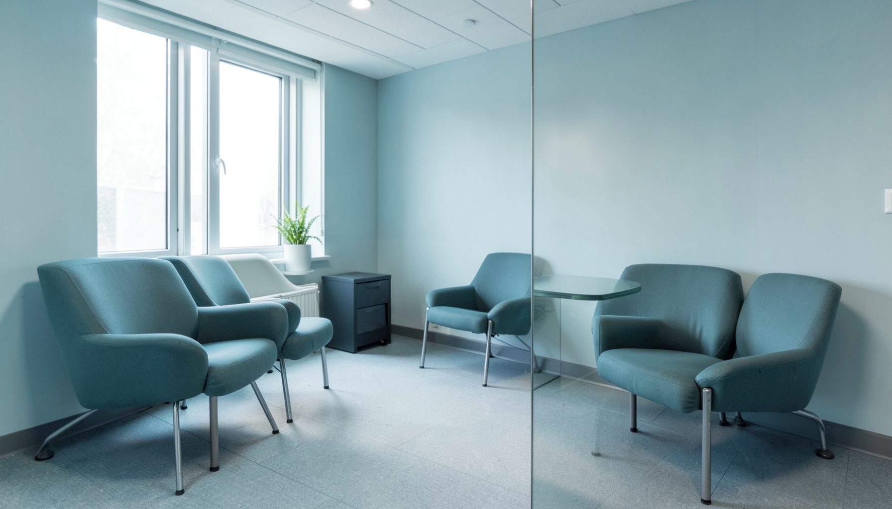 Soft teal and slate-blue toned photo of a calm clinical waiting area with gentle daylight, evoking a reassuring and professional mood